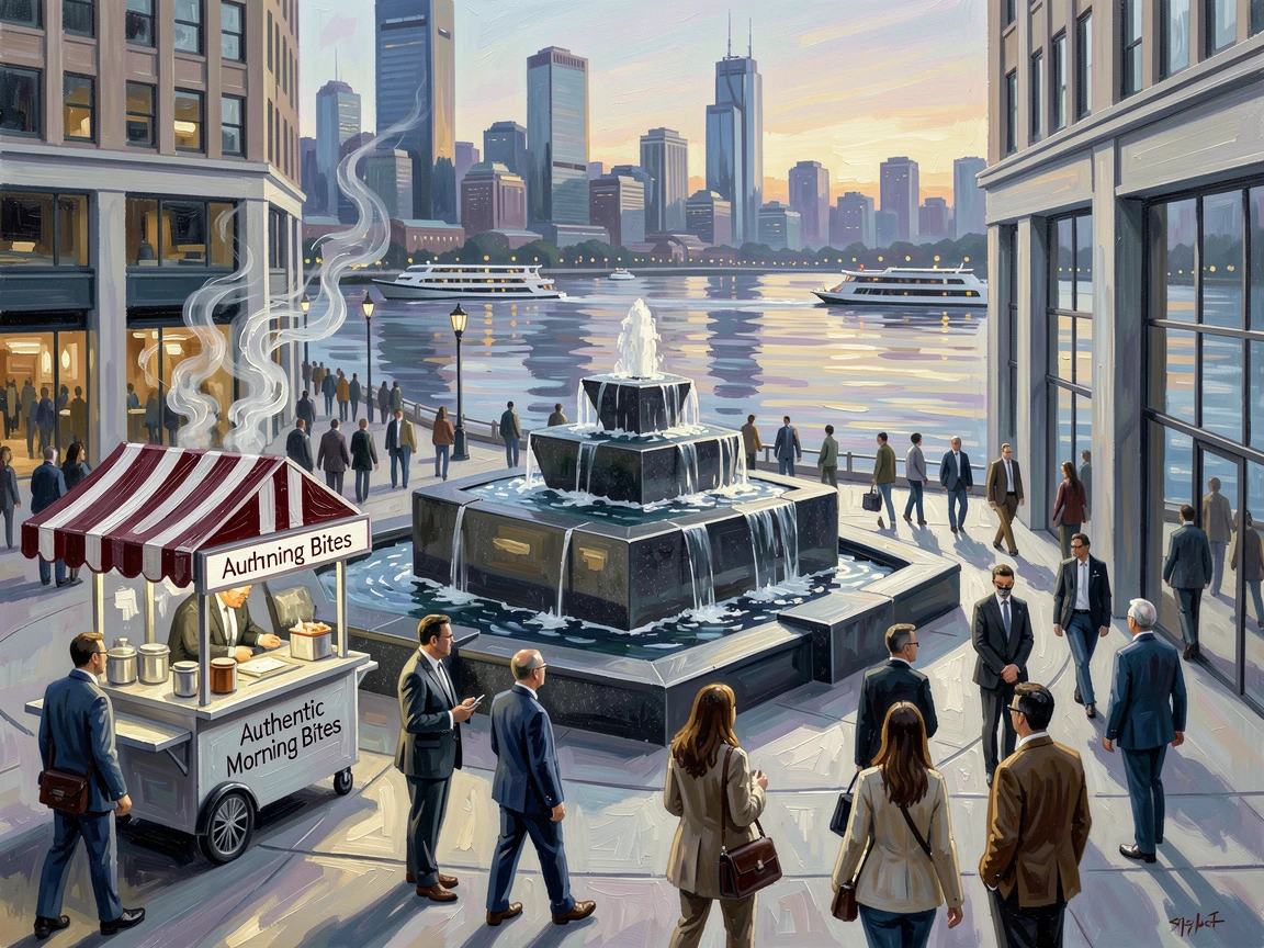 A busy urban plaza with a modern fountain, steam rising gently from a street food cart, beside a wide river reflecting the city lights, on a busy weekday morning with commuters filling the streets.