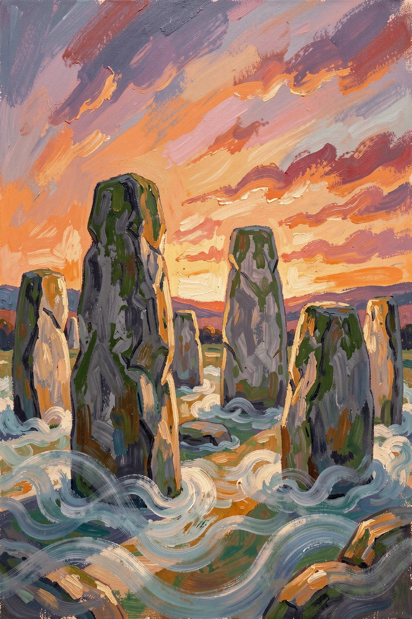 An ancient stone circle at dawn, mist curling low around towering megaliths.