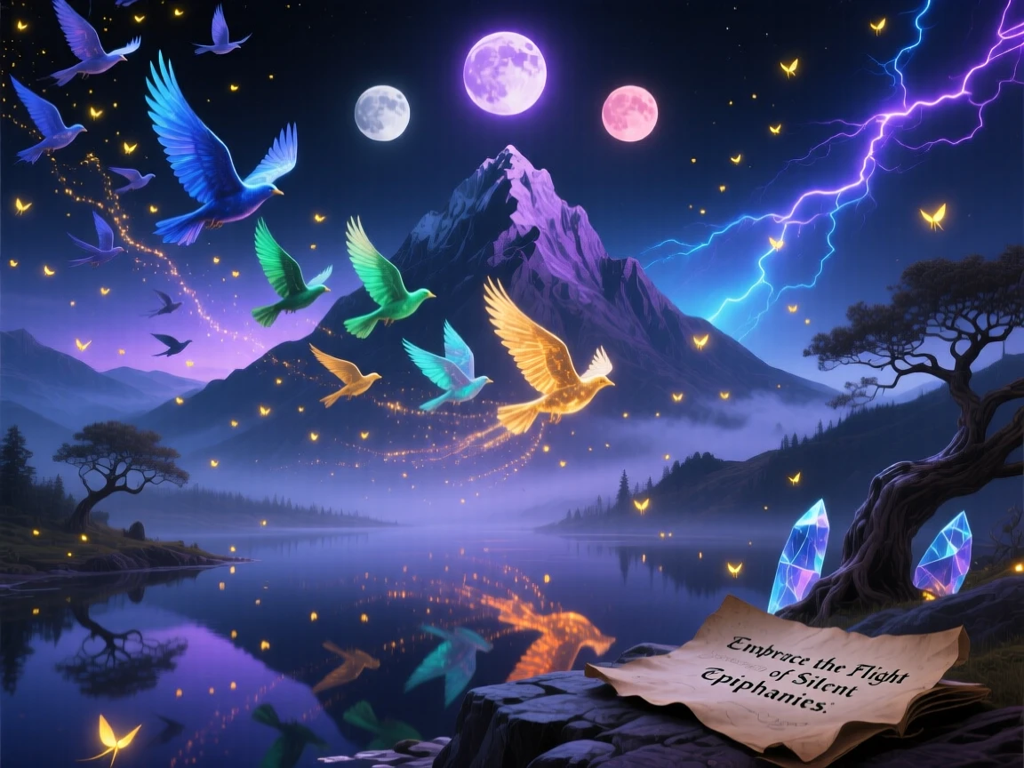 A mountain whose peak dissolves slowly into a flock of birds lies silent under the pale glow of three distant moons, as fireflies drift like scattered stars through the air.