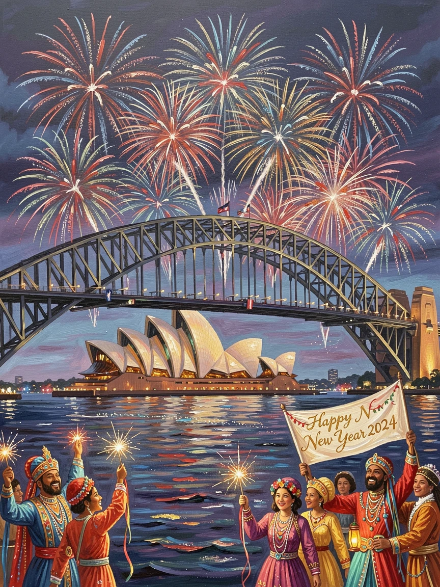 A dazzling fireworks display explodes over the Sydney Harbour Bridge during New Year's celebrations, the Opera House glowing below, small traditional details in costume and decoration rewarding a closer look.
