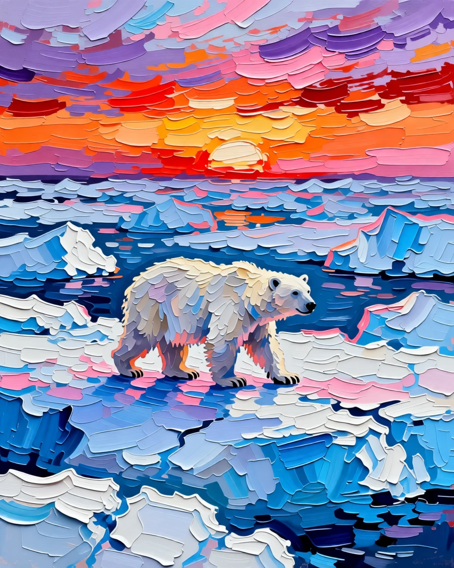 A polar bear walking alone across a vast expanse of arctic sea ice at sunset