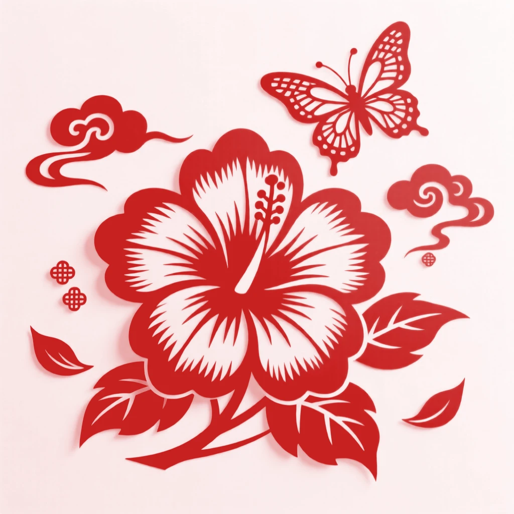 A hibiscus flower scattered with a few fallen petals on dark stone, as a butterfly hovers just above the petals.
