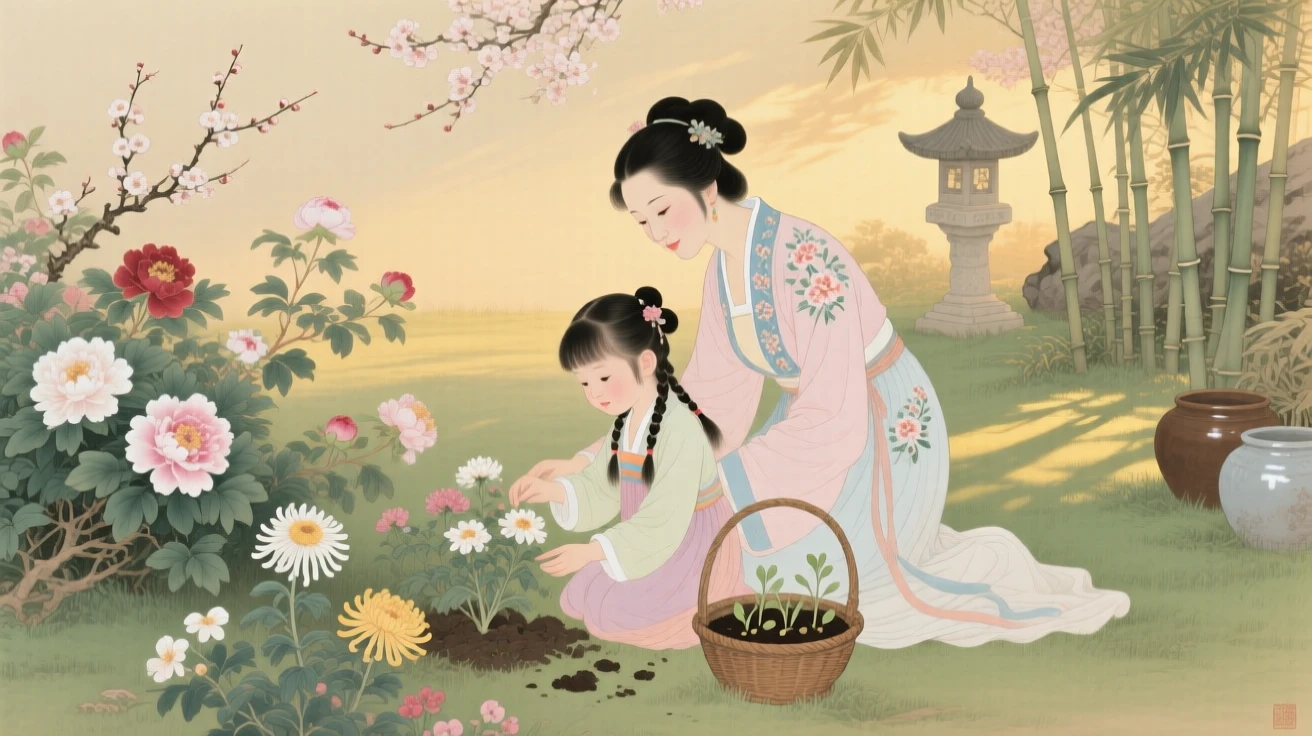 A mother and daughter planting flowers together in a spring garden, at golden hour, long shadows stretching across the grass