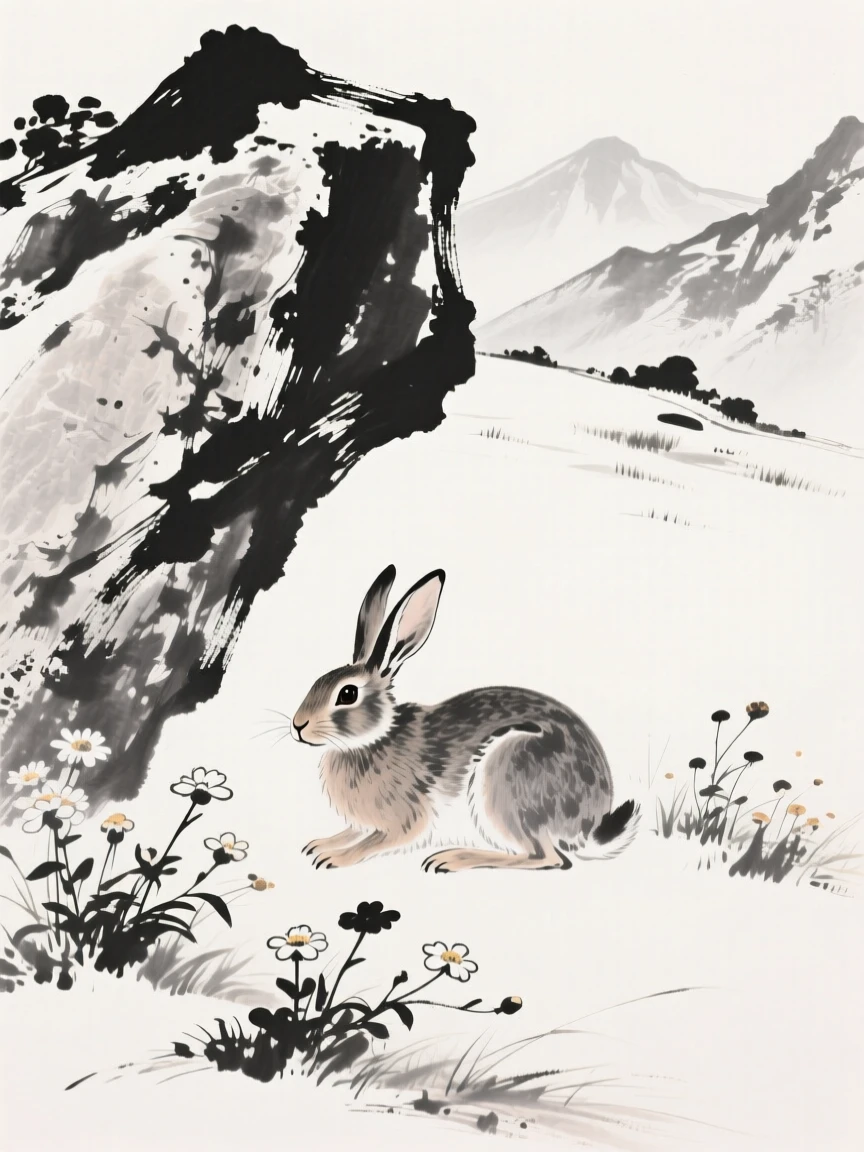 A hare sheltering beneath overhanging rock among wildflowers on a mountain meadow, framed low to the ground for an intimate, close perspective, conveying quiet strength and natural grace.