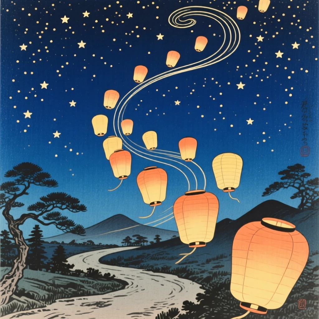 A winding path of floating lanterns through a starry sky, spiraling endlessly upward.