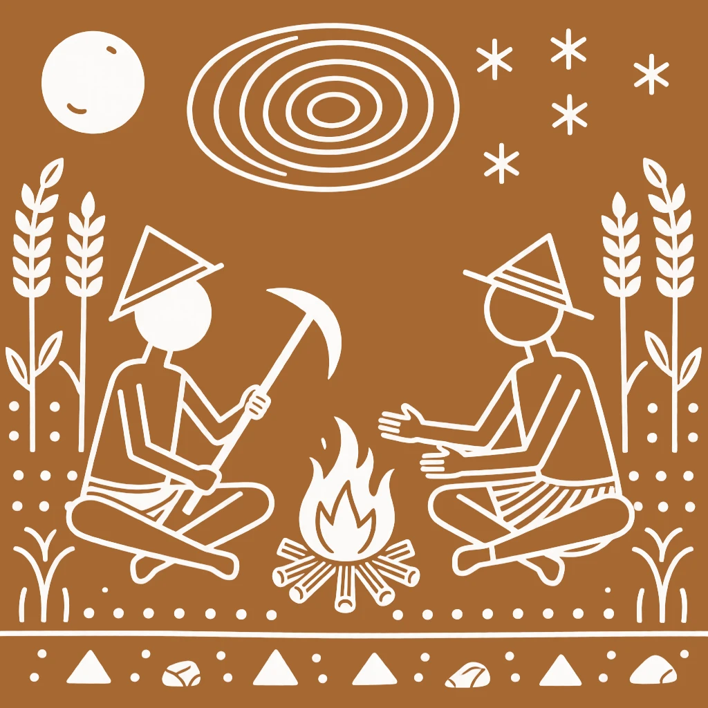 Two farmhands gathering around a fire after the harvest is complete.