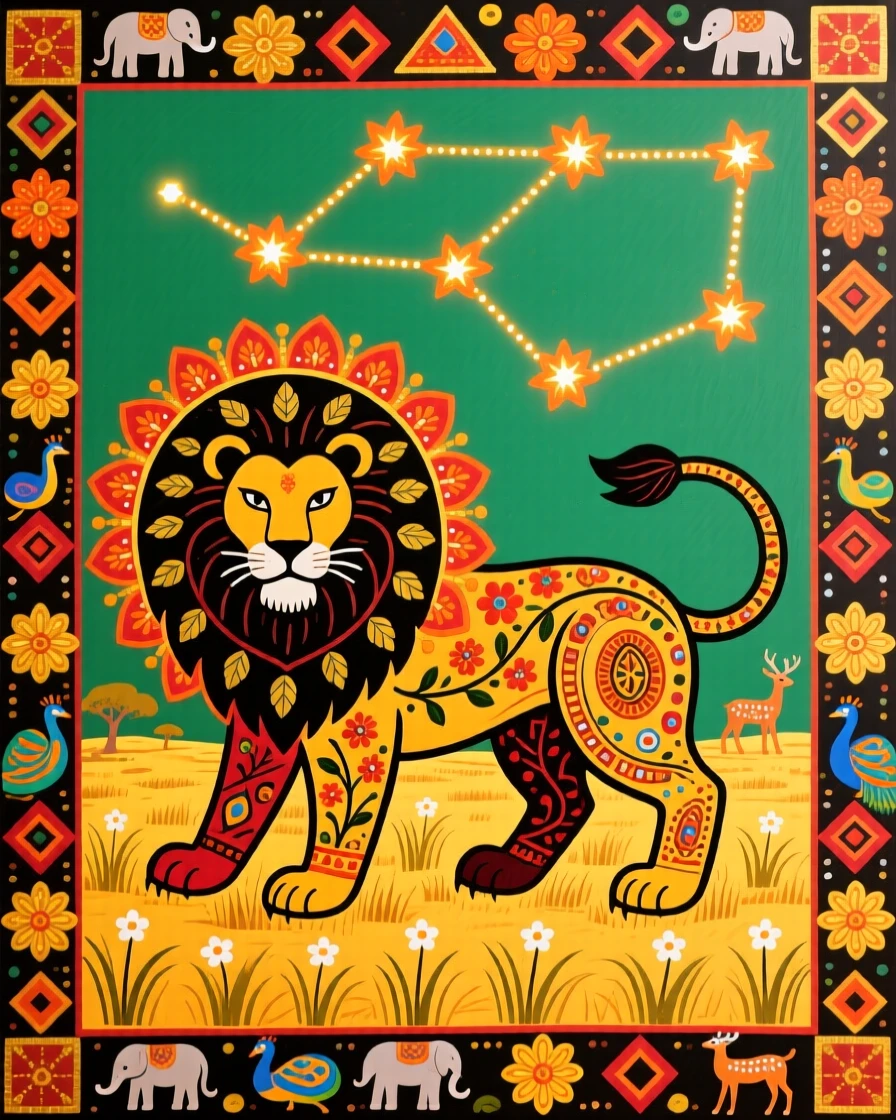The zodiac constellation of the lion glowing above a golden savanna.