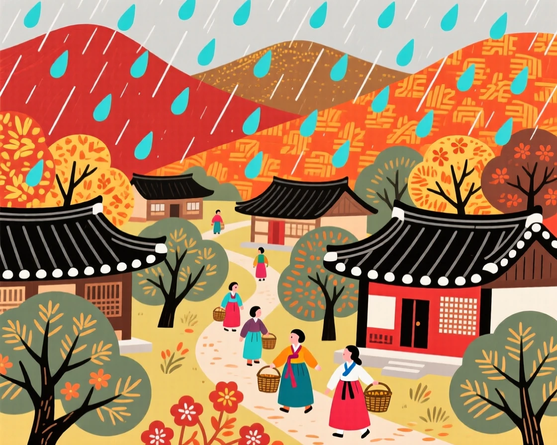 A view of a quiet mountain village in a gentle autumn rain.