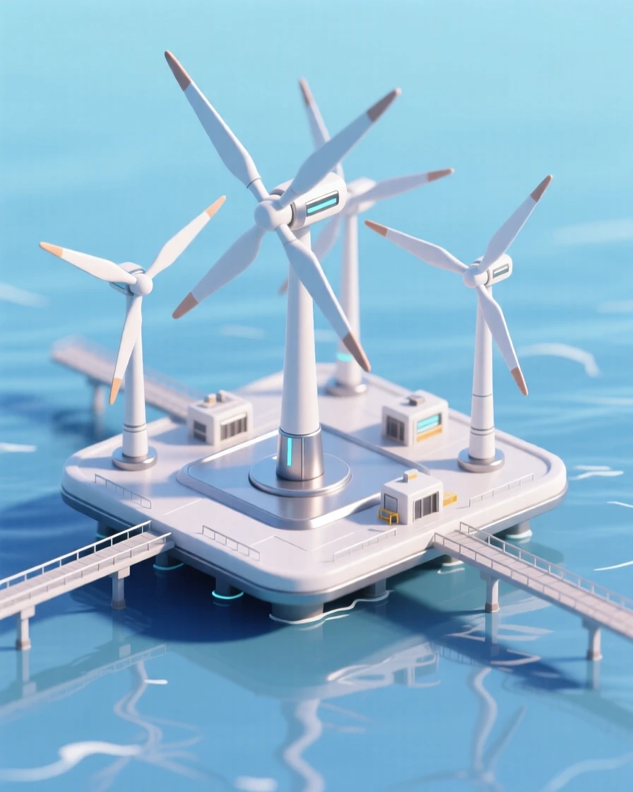 A futuristic wind farm on a floating platform, massive turbines spinning gently above a calm digital-blue ocean.