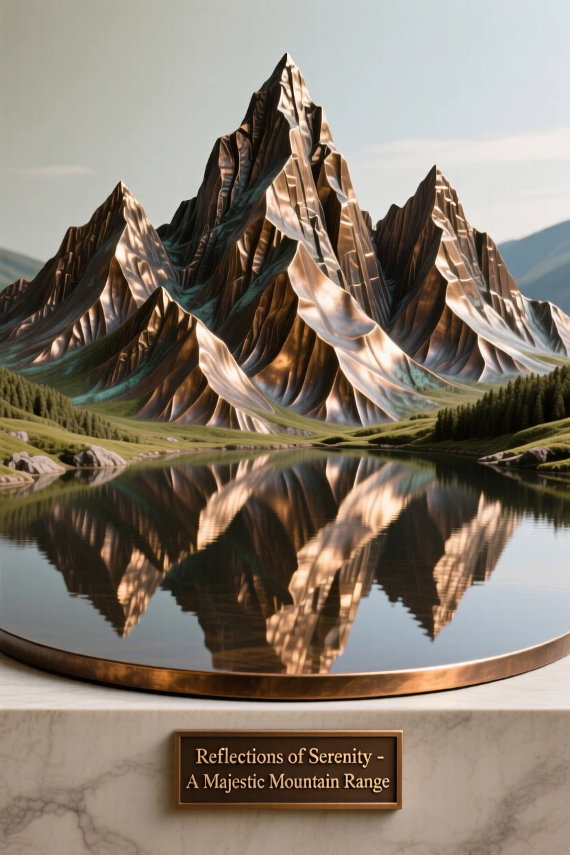 A majestic mountain range reflected in a mirror-still lake, rendered in vivid, atmospheric detail, offering a breathtaking sense of place