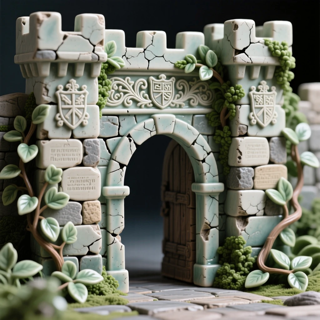 A medieval city gate with weathered stone arches nestled peacefully amid lush greenery, with intricate carvings along every surface, evoking timeless wonder and quiet grandeur.