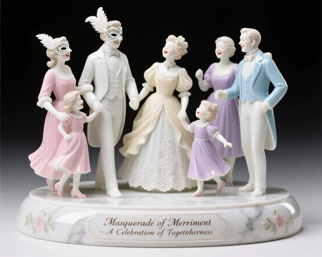 A joyful a masquerade ball scene, families and friends gathered together happily.