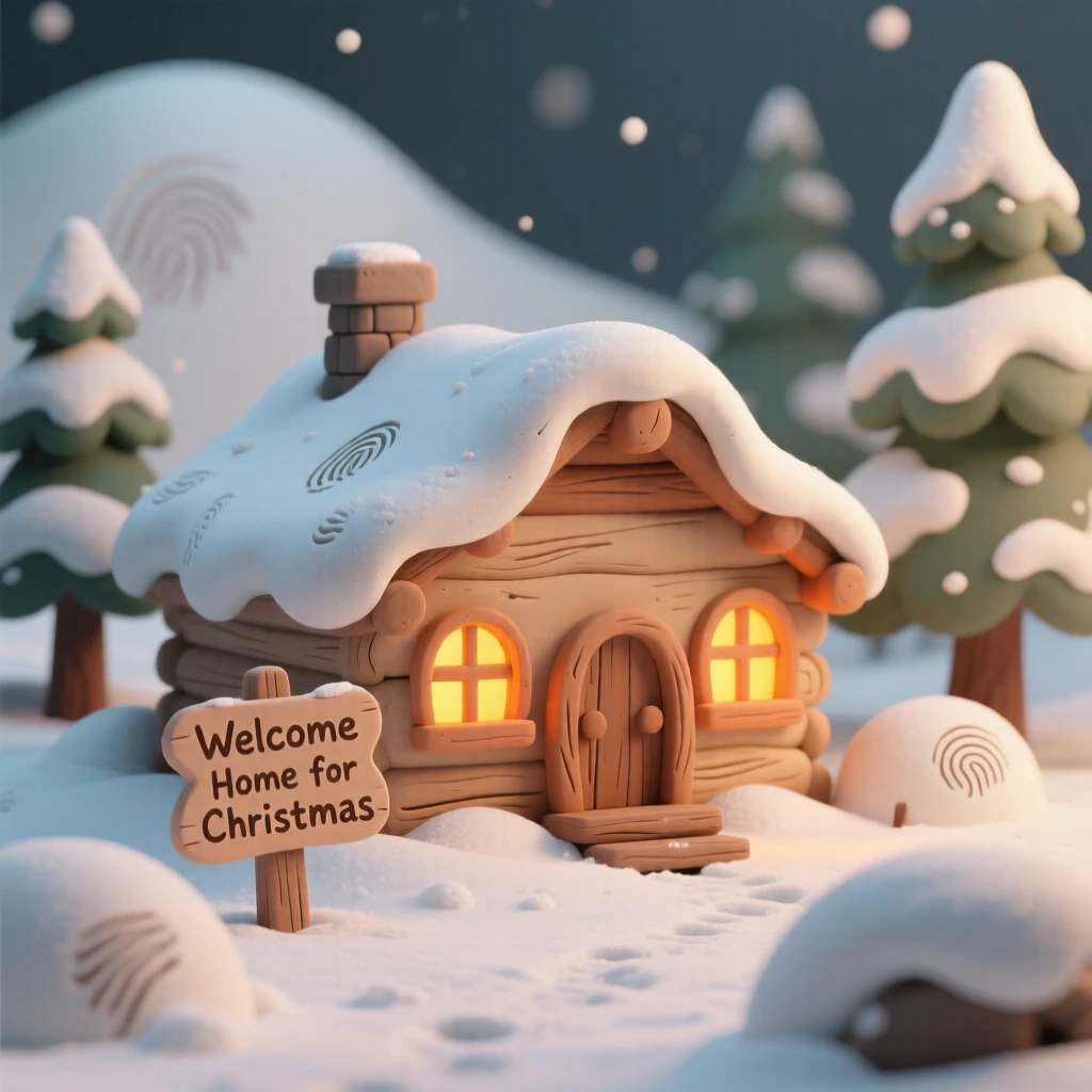 A cozy cabin glowing warmly amid a heavy snowfall at Christmas