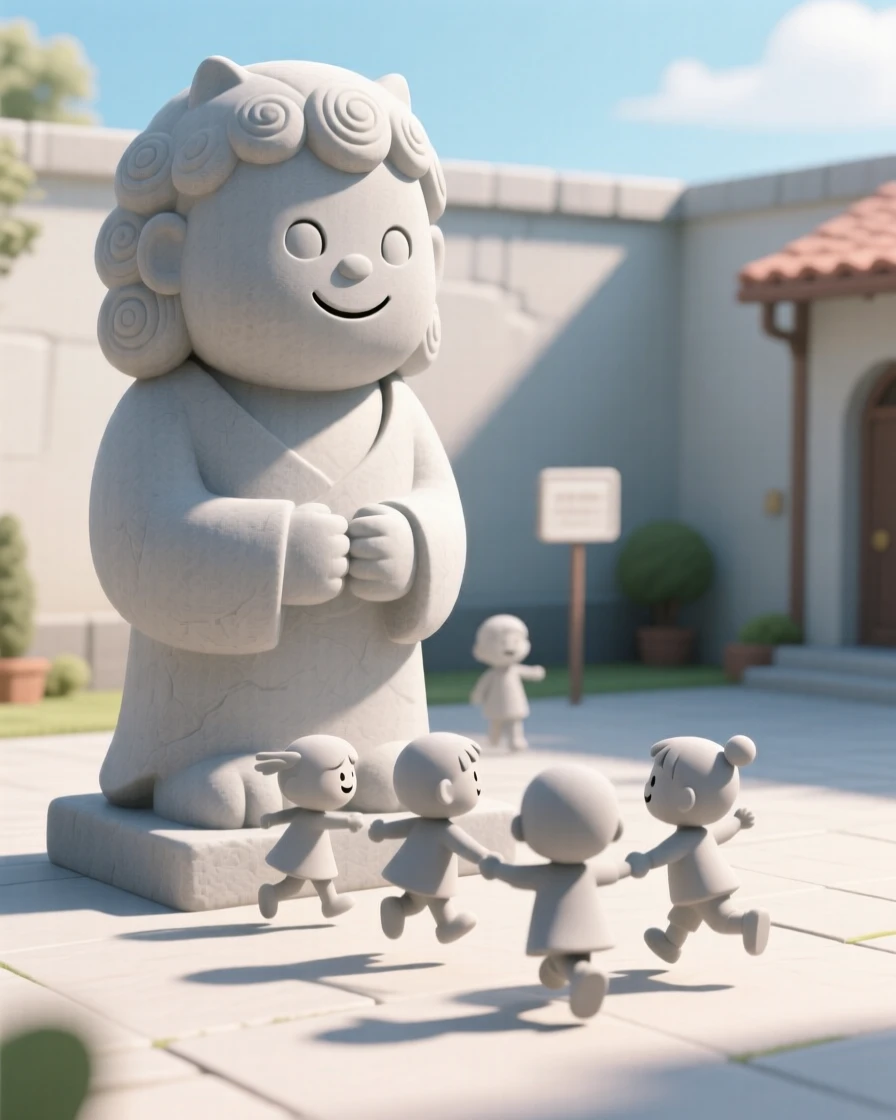 A gentle stone guardian statue softens its expression to smile at children playing in a sunny courtyard below.
