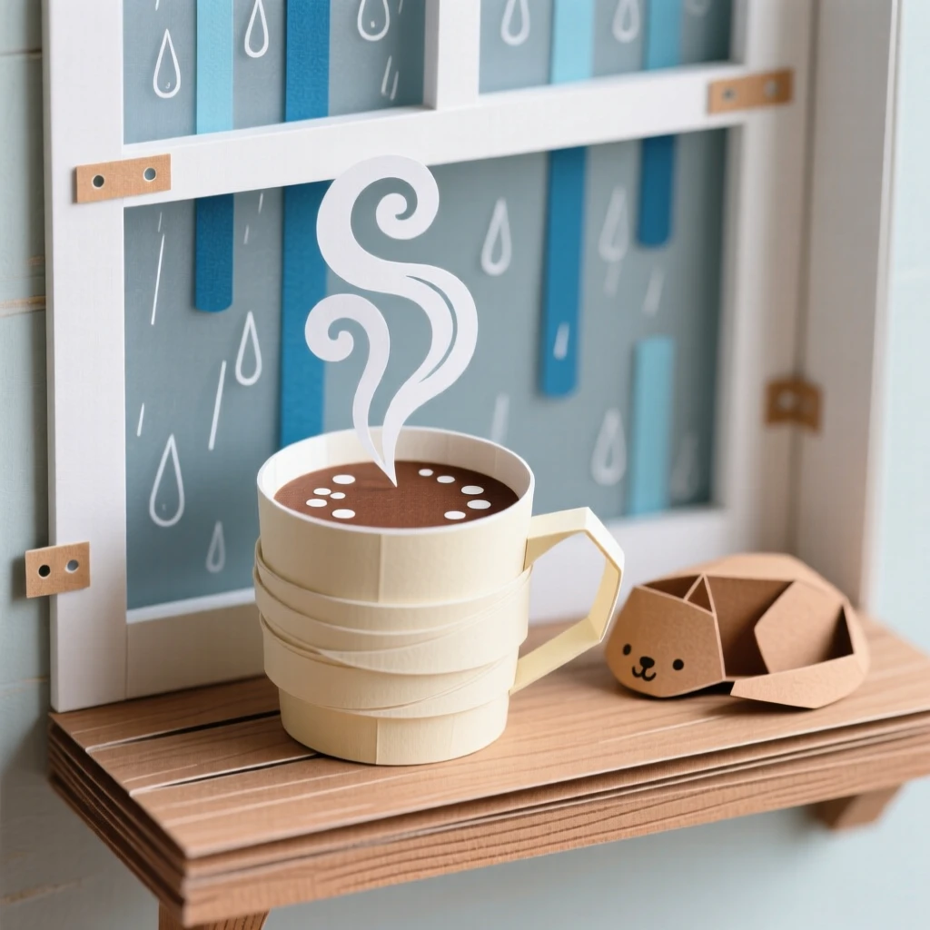 A steaming cup of coffee on a rainy windowsill surrounded by fresh blooming flowers, with a content pet curled up close by, capturing quiet contentment.
