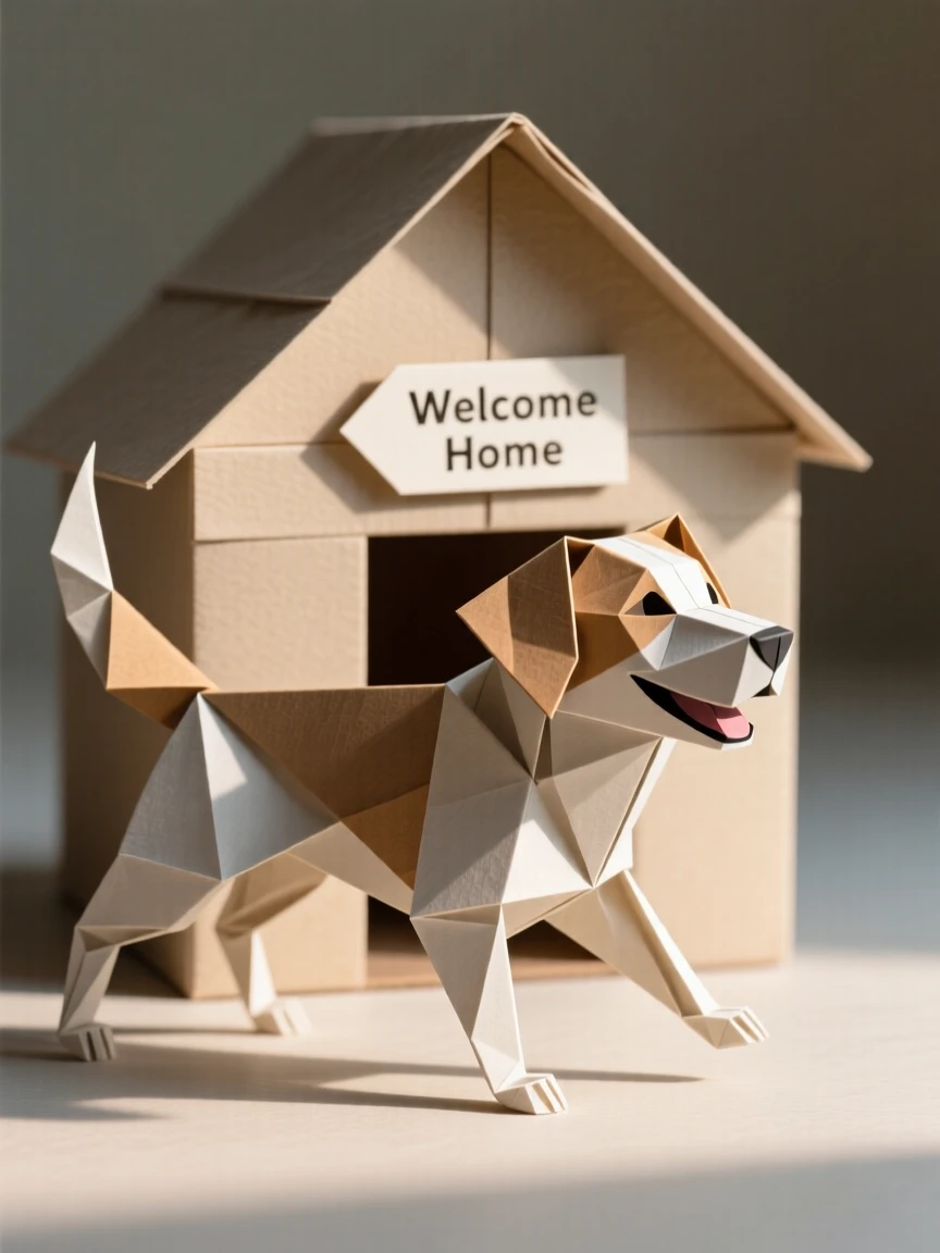 A rescued shelter dog wagging its tail for the first time in its new home.