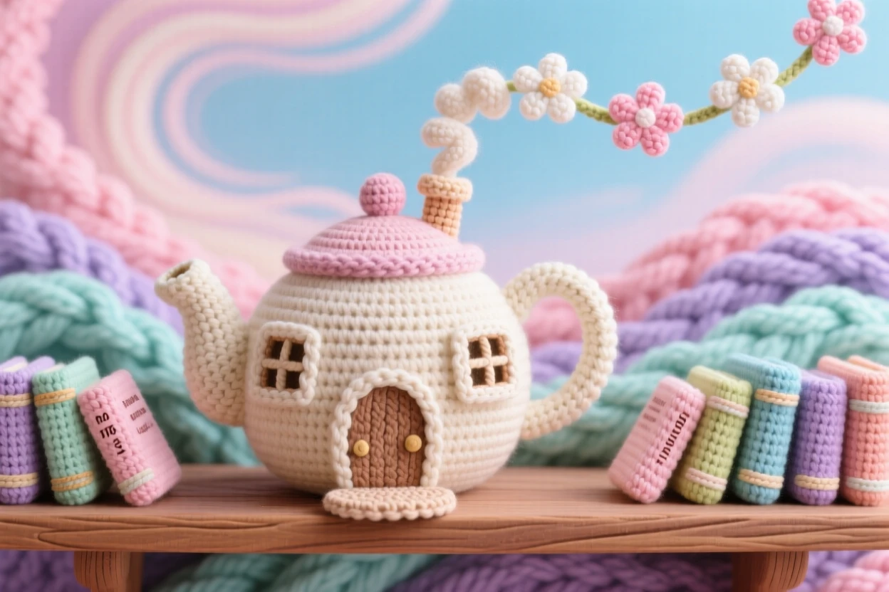 a tiny house built inside a giant teapot, with a curling smoke chimney, resting on a shelf lined with books, beneath a swirling pastel sky, with a trail of soft floating petals, evoking playful imagination brought to life.