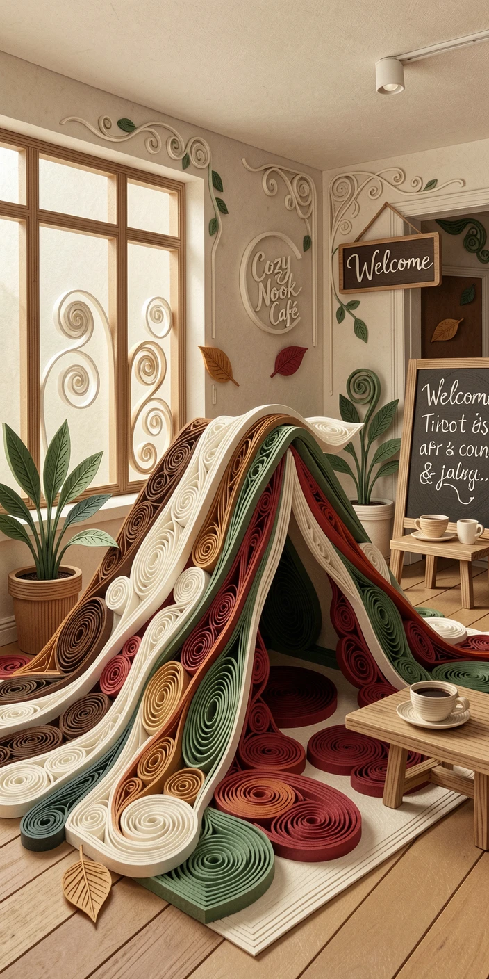 A relaxed modern lifestyle scene of a cozy blanket fort built in a living room in a cozy neighborhood café, with a light breeze catching loose fabric or leaves, composed with clean modern lines and open space.