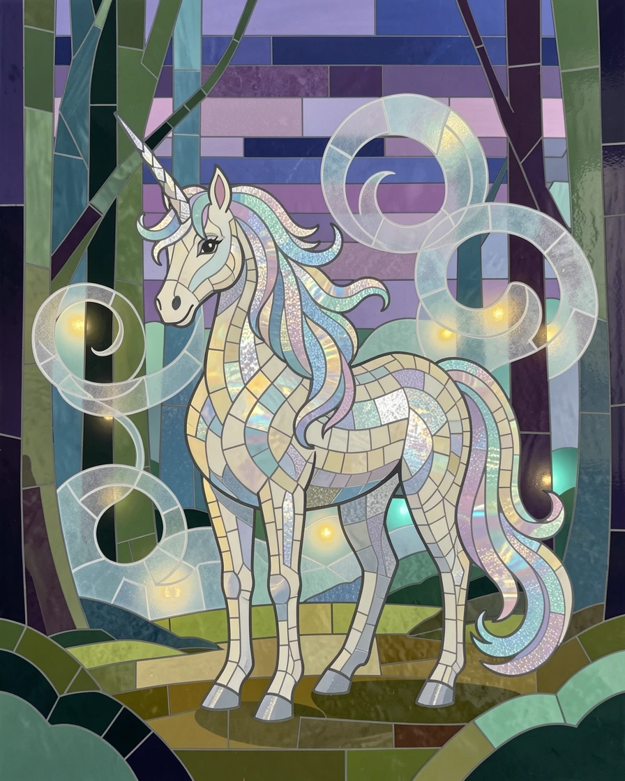 An epic fantasy scene of a graceful unicorn standing in an enchanted glowing forest clearing, with swirling mist and glowing highlights.
