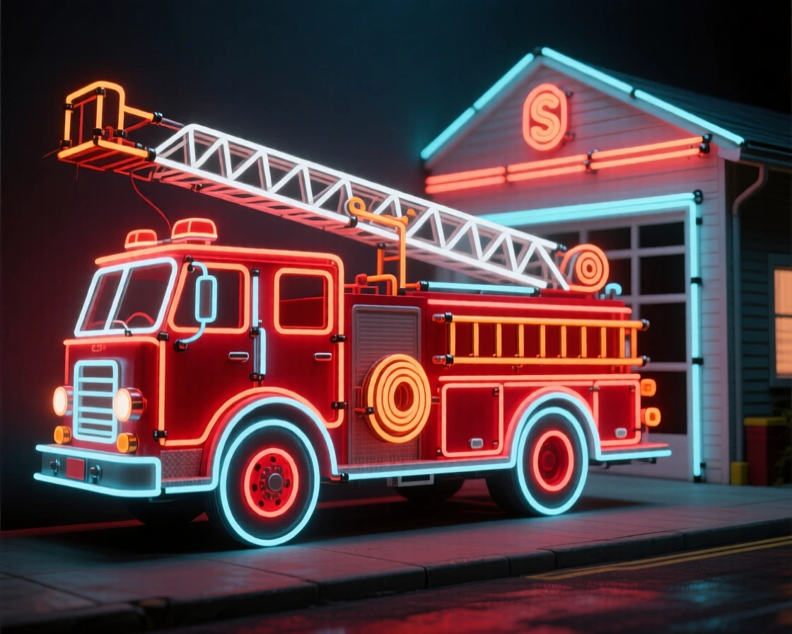 A classic red fire engine parked outside a small town station.