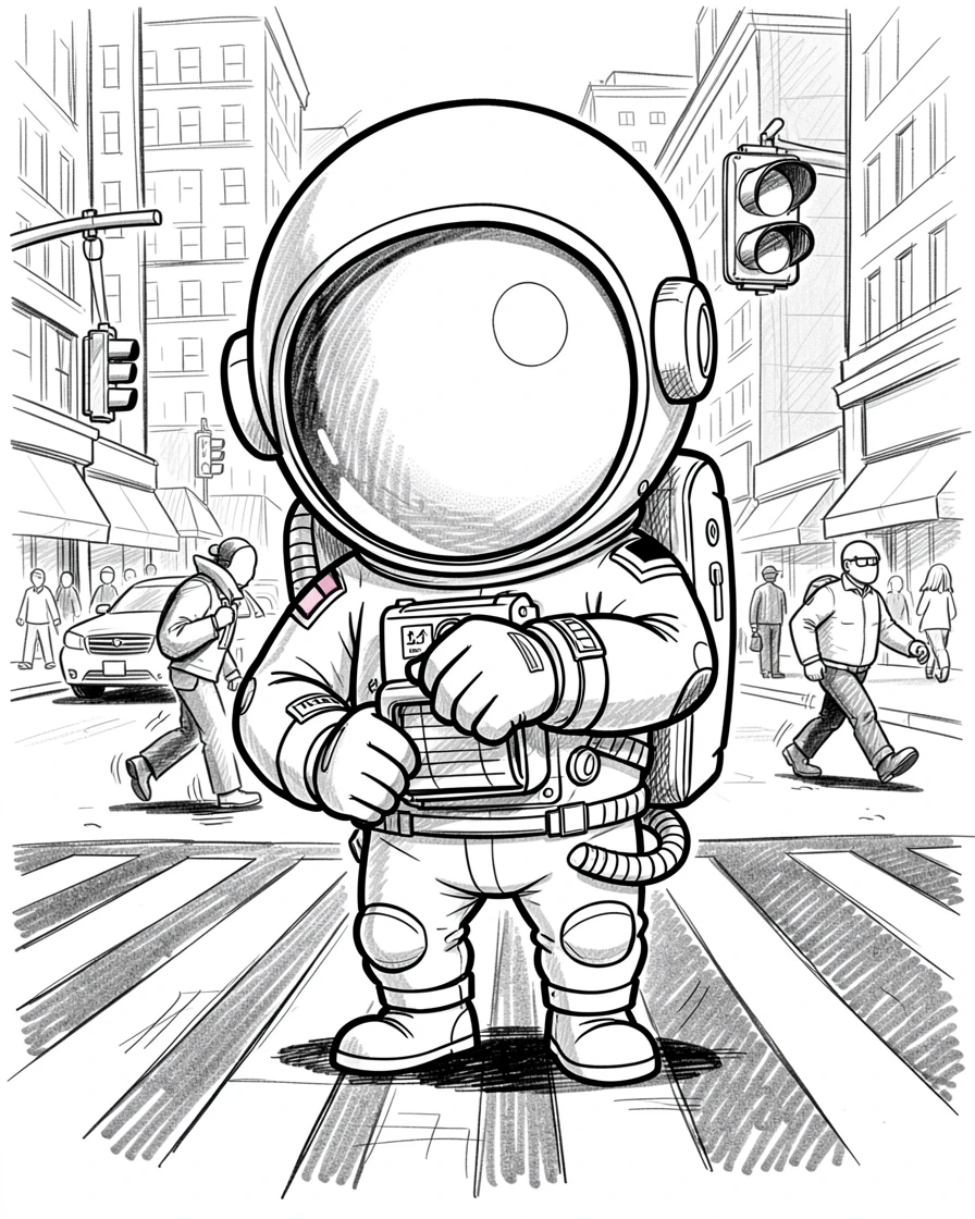 An astronaut checking equipment before a launch at a busy street crossing.