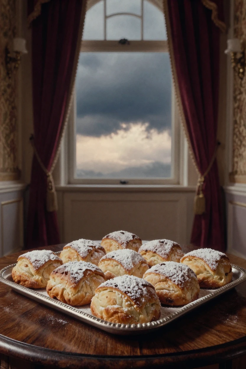 A tray of freshly baked pastries dusted with powdered sugar, in the pale light just before sunrise, under a darkening storm sky, in the height of summer, with rich burgundy and gold accents, framed symmetrically down a long corridor.