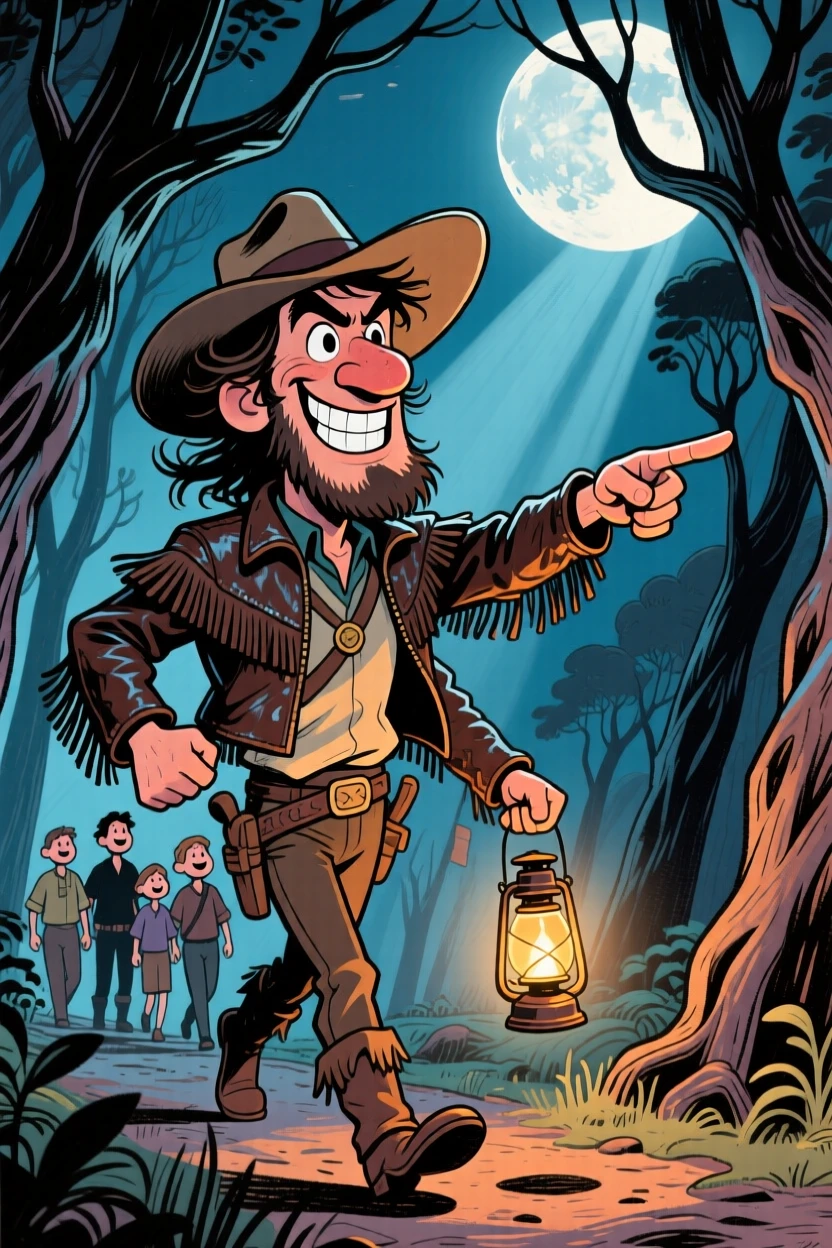 A brave frontier guide leading a group safely through a moonlit forest.