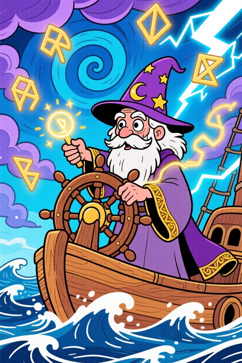 An imaginative fantasy scene of a wise old wizard steering a ship through a swirling magical storm, as ancient runes glow softly nearby.