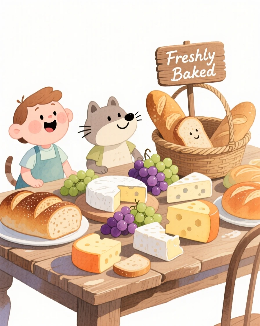 A cozy, appetizing, bright and cheerful scene of a rustic table spread with fresh bread, cheese, and grapes