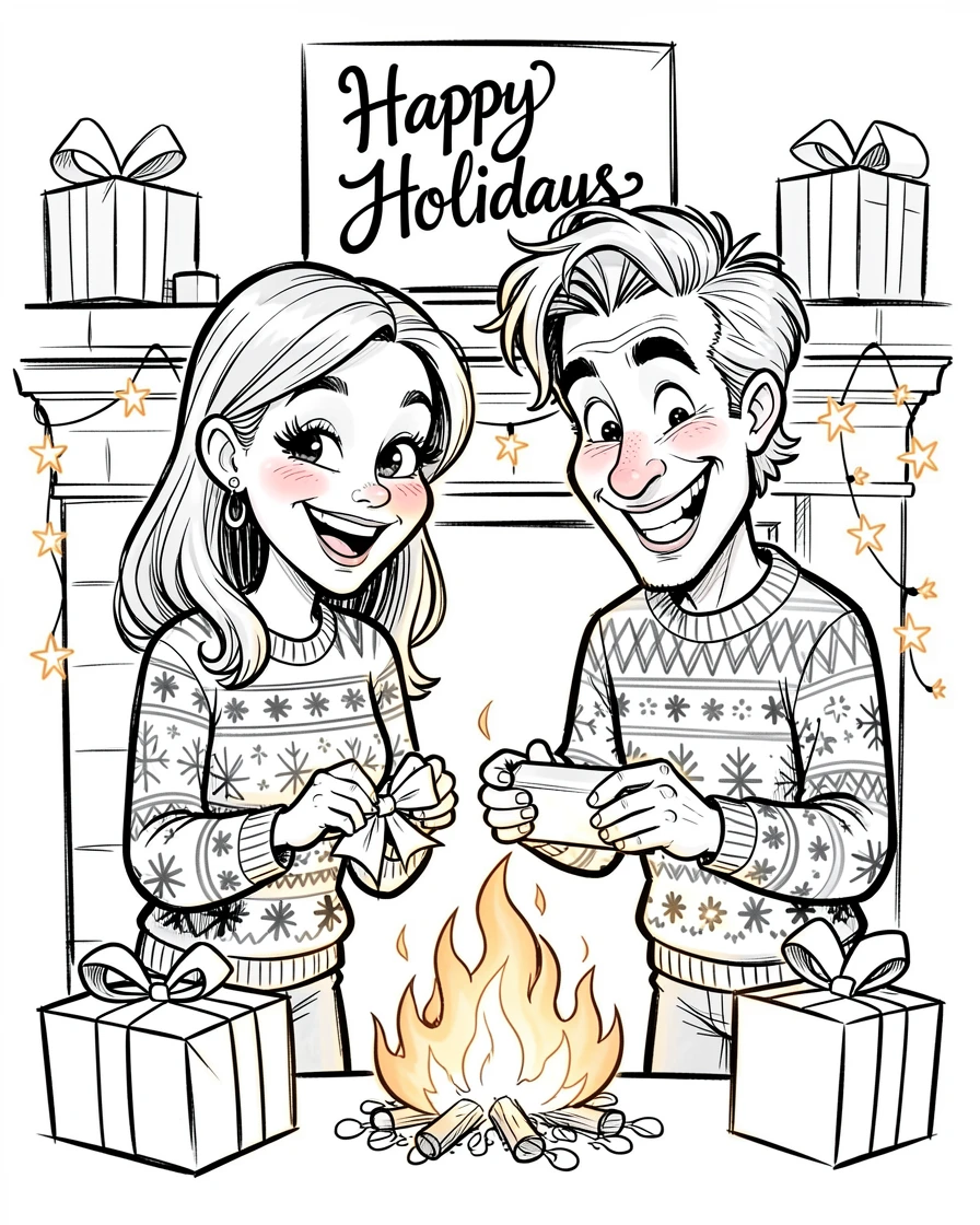 [Seasonal Holidays & Celebrations] Festive scene of a festive couple wrapping presents by the fireplace, full of celebration and joy