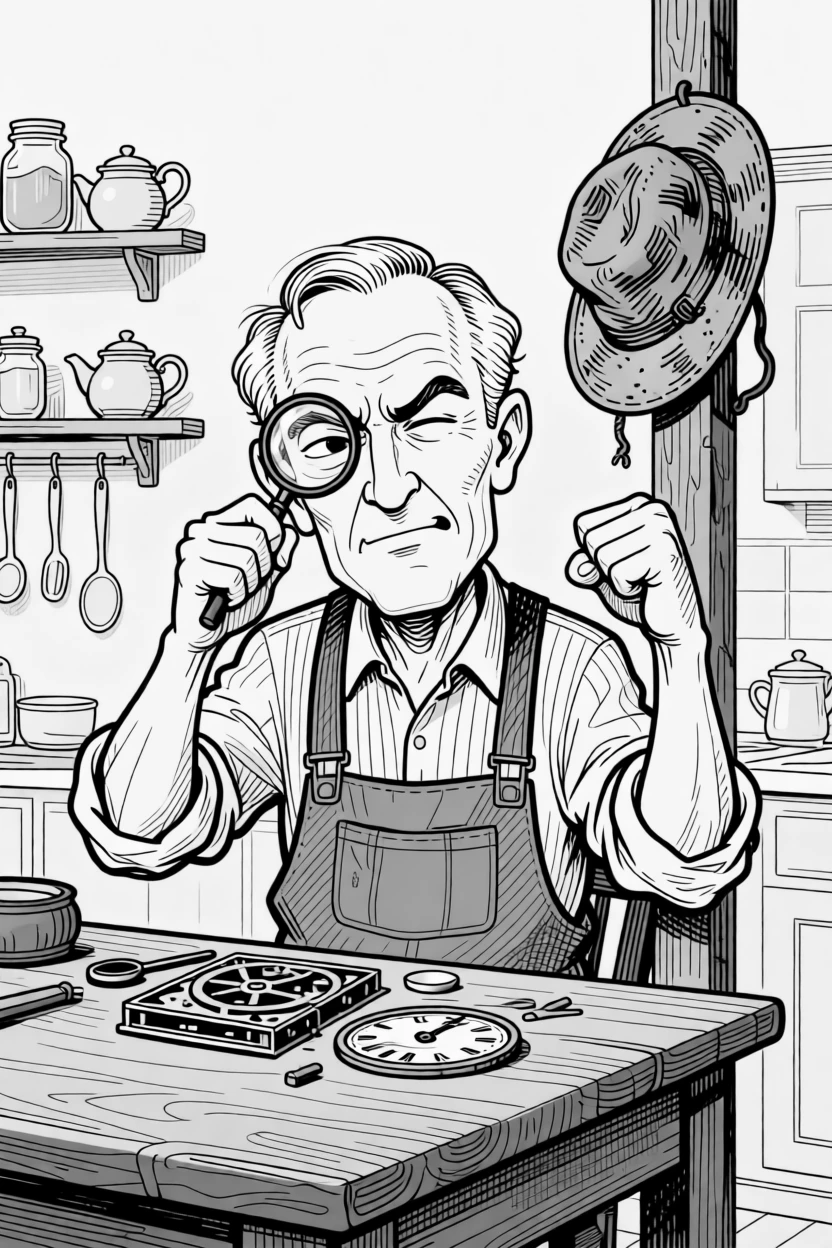 A grandfather clock repairman squinting through a loupe, flexing with exaggerated bravado for the camera, set in a warm kitchen filled with familiar smells. A weathered hat rests on a nearby post. There's a gentle, timeless warmth to the whole moment.