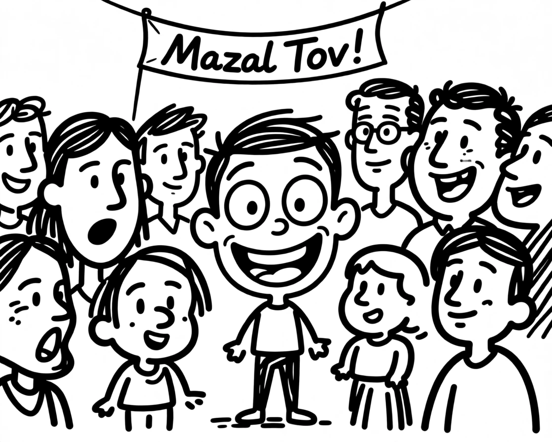 A Bar or Bat Mitzvah celebration with family gathered joyfully around the young celebrant.