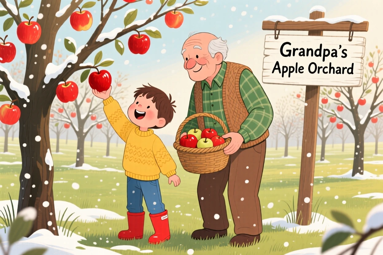 A boy in rain boots laughs while picking apples in an orchard together with his grandfather, while soft snow falls outside.