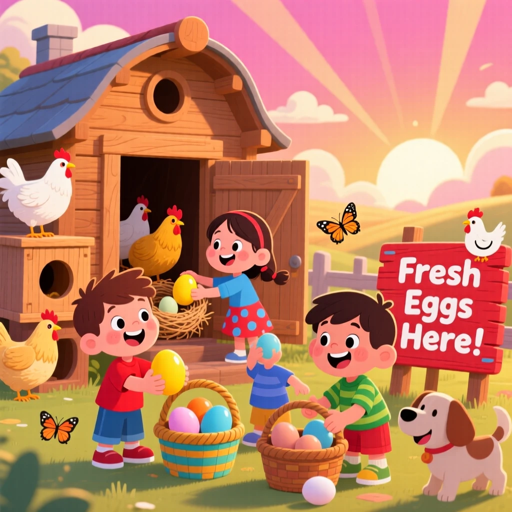 Children gathering fresh eggs from a henhouse at sunrise.