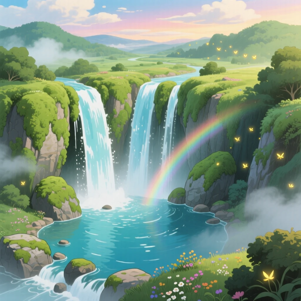 A stunning view of a waterfall cascading down moss-covered cliffs into a pool below, seen from high above, sweeping and vast.