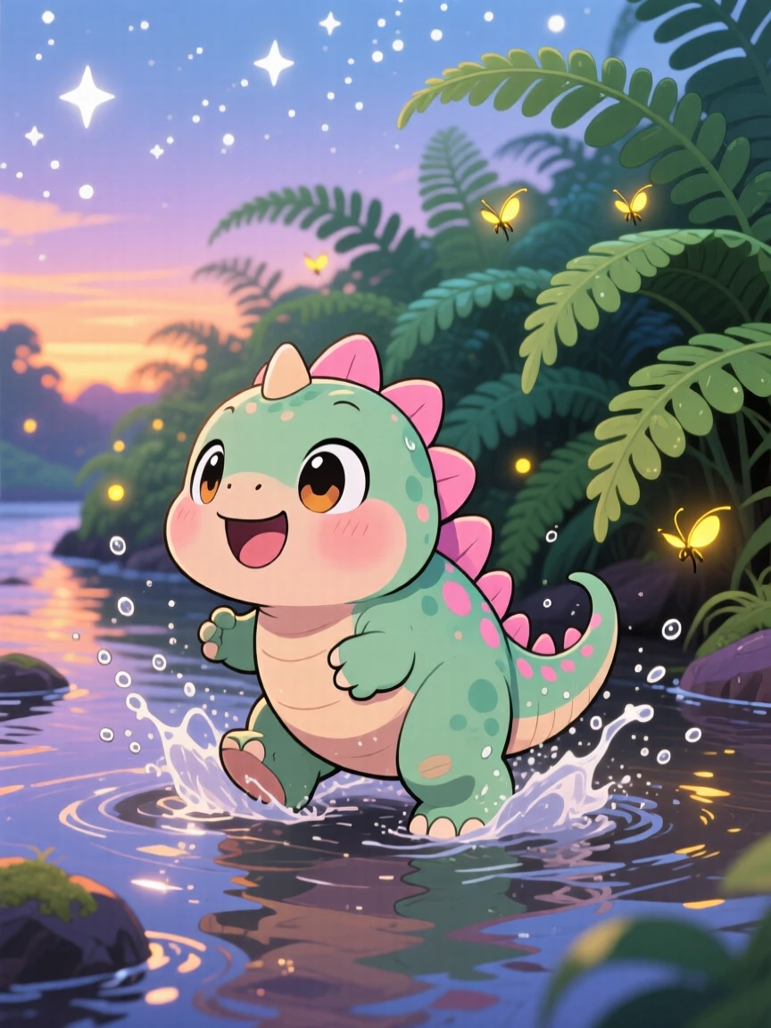 Medium shot: a baby stegosaurus, splashing through a shallow prehistoric river, set against a fern-covered riverbank as fireflies begin to glow at dusk, with sparkling starlight and a mood of triumphant pride.