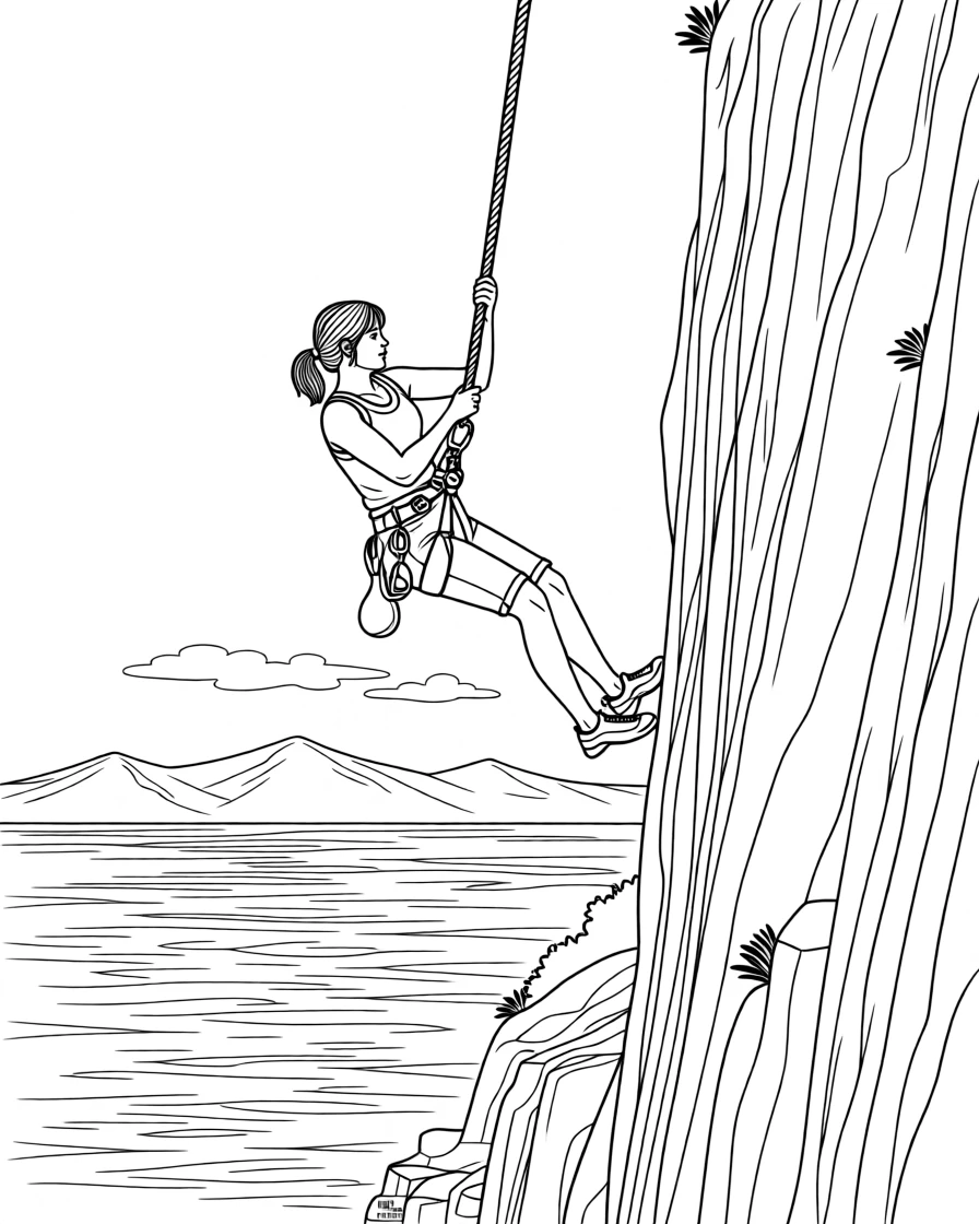 A rock climber dangling from a rope on a sheer cliff, with reflections shimmering on the water's surface.
