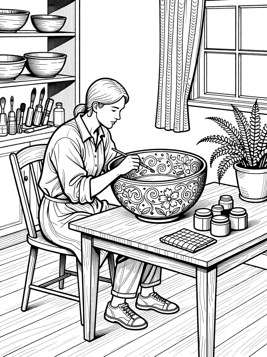 A rosemaling painter decorating a wooden bowl.