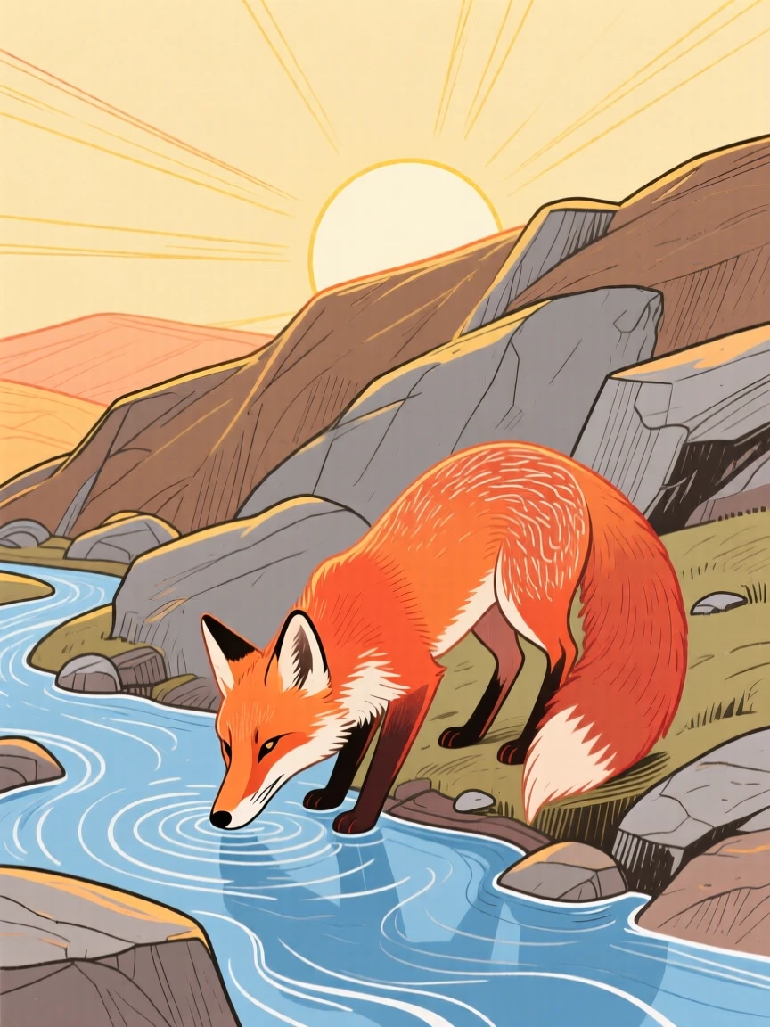 A curious fox drinking from a stream on a rocky hillside at sunrise.