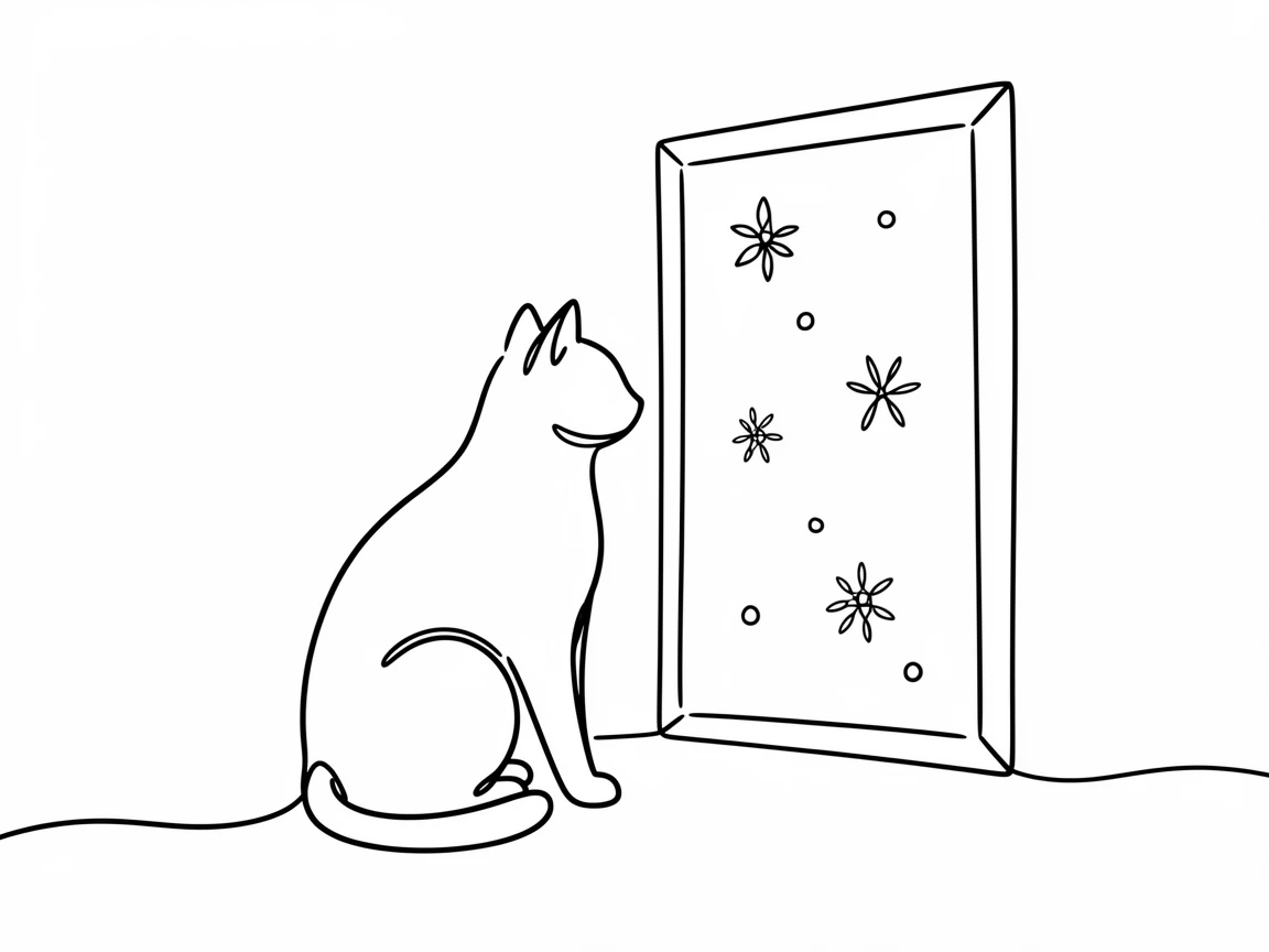 A cat sitting attentively at a window during a gentle snowfall