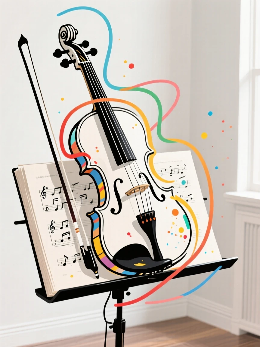 A violin resting on an open sheet music stand in a music room.