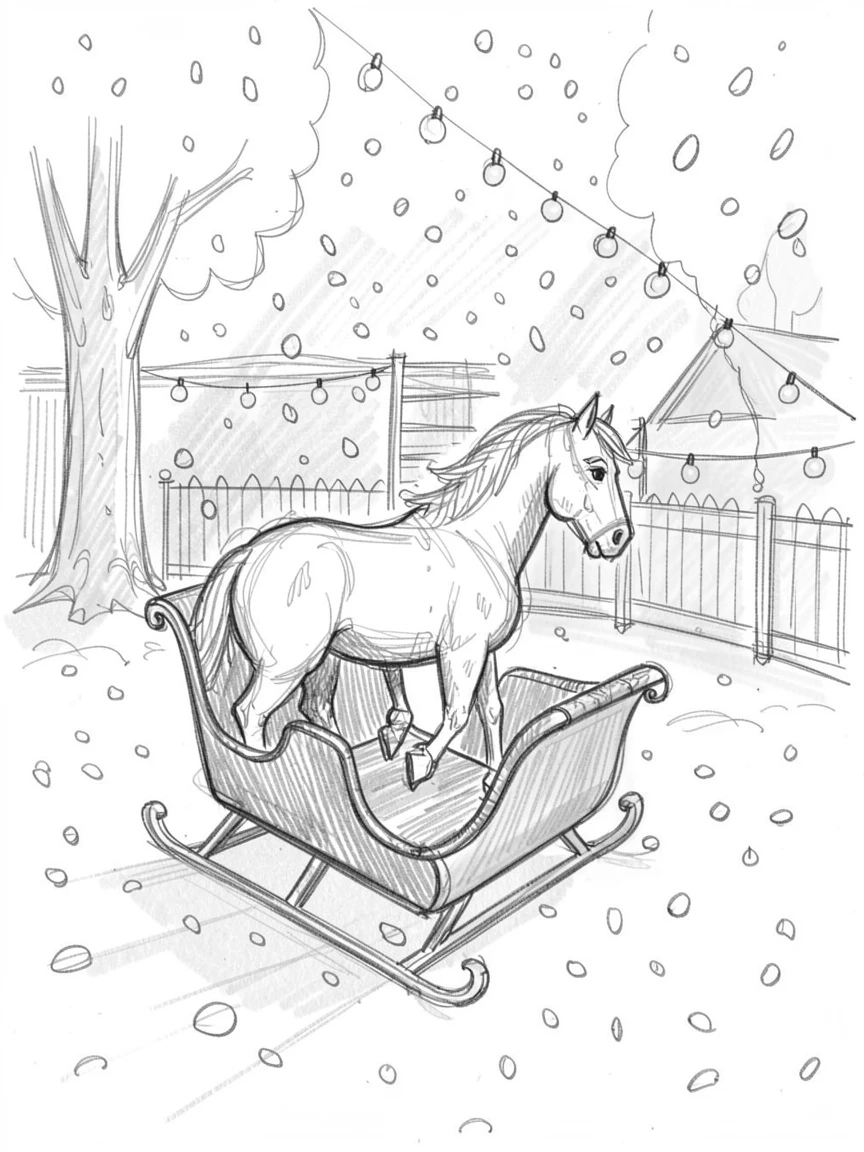 A horse-drawn sleigh gliding through falling snow, in a warmly lit backyard, with twinkling lights glowing warmly.
