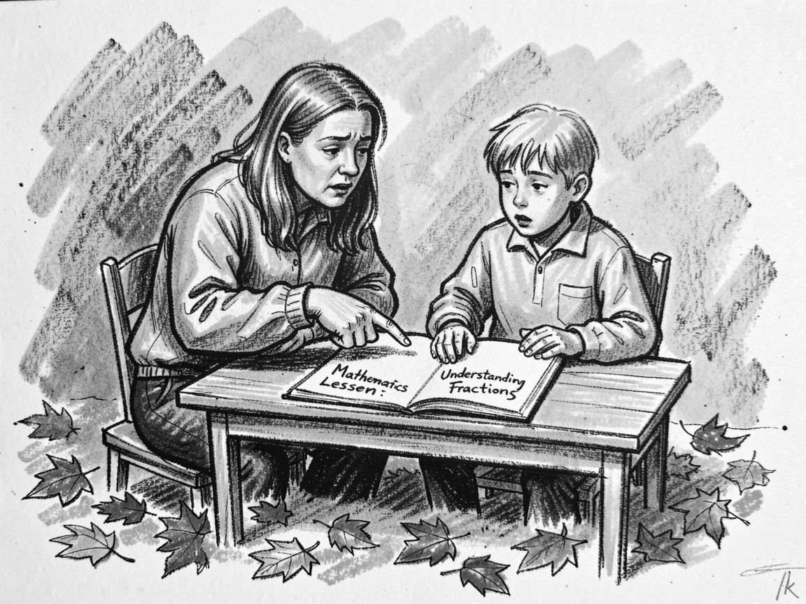 A teacher helping a struggling student finally understand, with autumn leaves scattered underfoot.