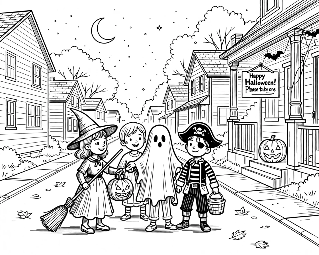 Children trick-or-treating together down a decorated neighborhood street.