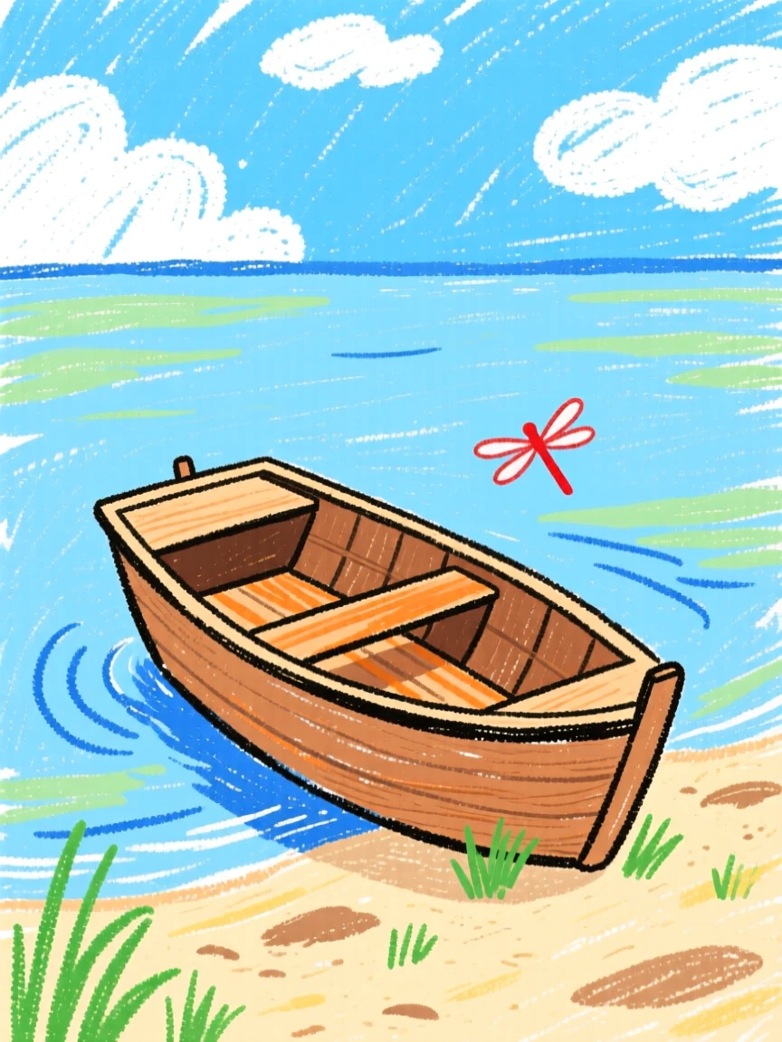 A wooden rowboat resting on the shore of a quiet lake.