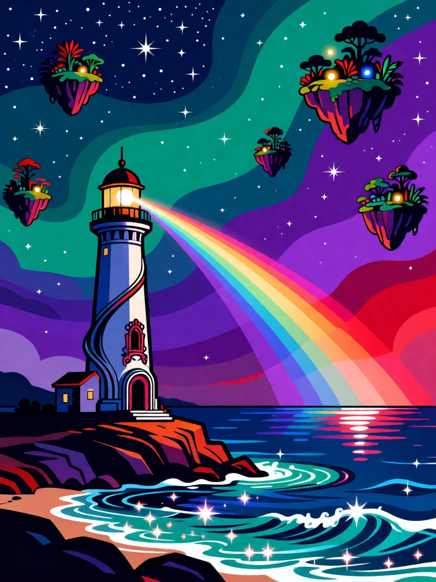 A magical lighthouse beaming rainbow light across a starry sea, set within a dreamlike sky filled with floating islands, framed with a grand, sweeping sense of wonder and scale, with rich jewel tones that evoke wonder and imagination.