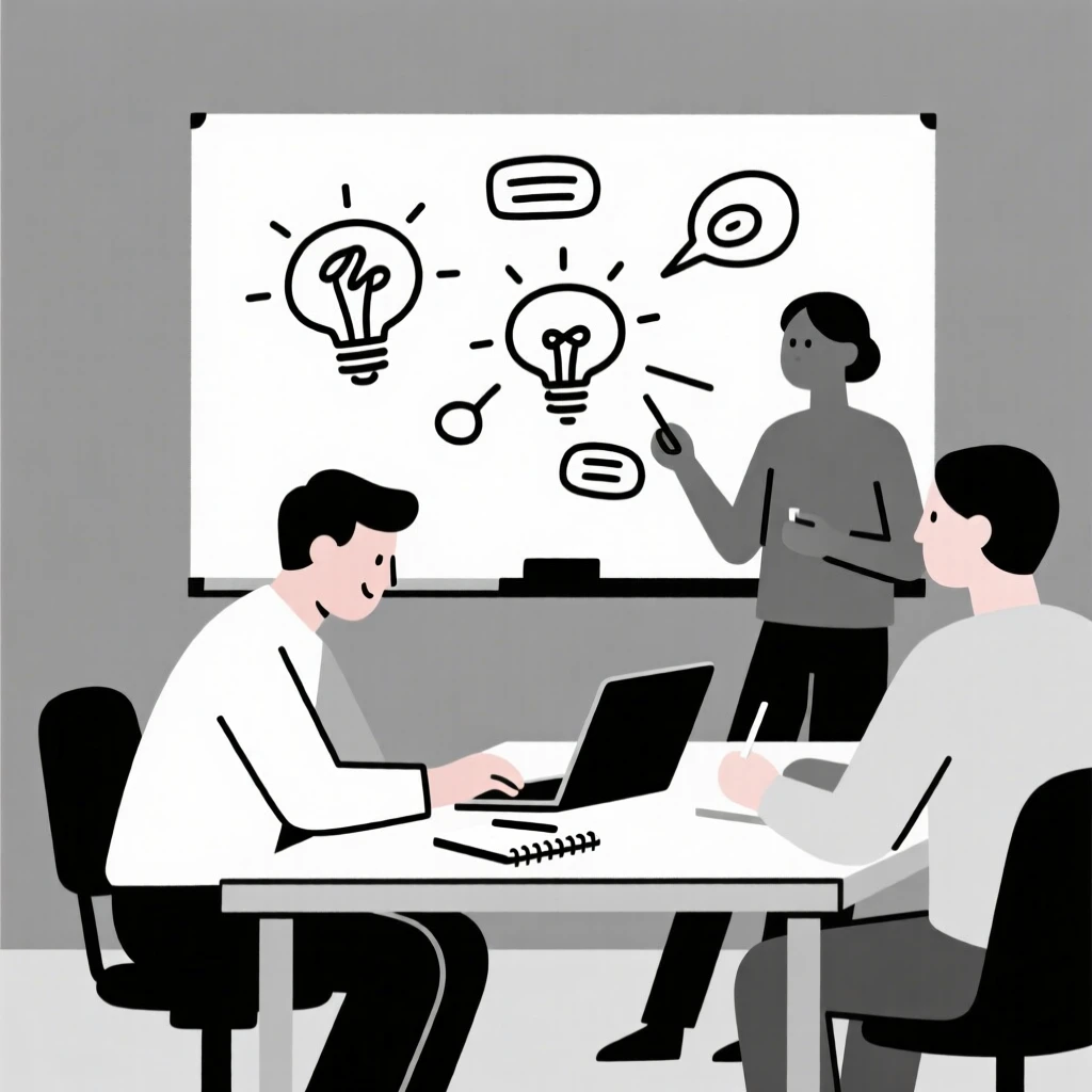 An entrepreneur at a startup desk collaborating with colleagues in a well-equipped workshop, near a whiteboard full of ideas, full of steady concentration.