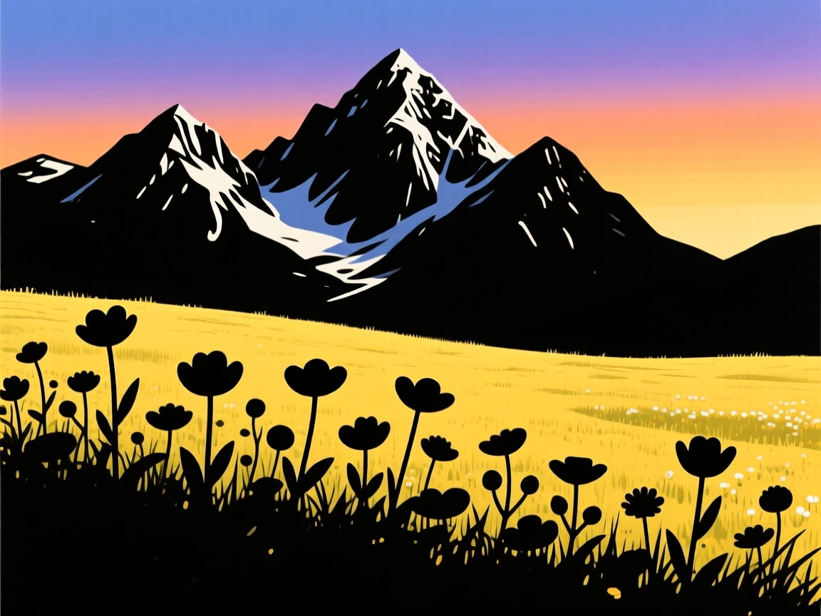 A wide alpine meadow filled with wildflowers beneath jagged snow peaks.