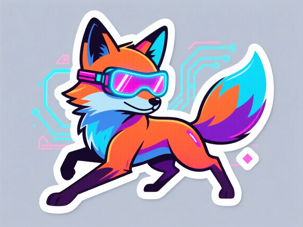 A brightly stylized cyberpunk-style fox with neon-lit goggles, ready for the next big adventure, in an epic imaginary universe.