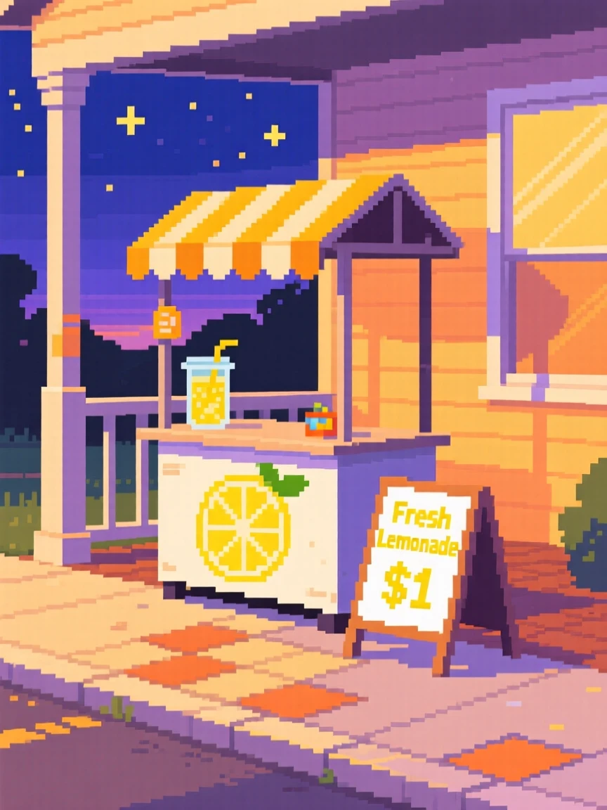 A lemonade stand on a sunny sidewalk wrapped up against the evening chill, on a porch during a warm summer night.